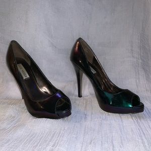 Iridescent Steve Madden open toe heels.